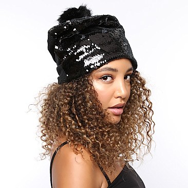 Trendy reversible sequin beanie hat with pom-pom