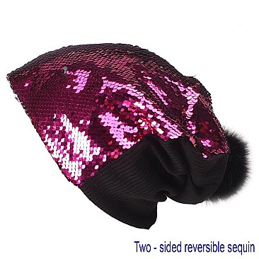 Trendy reversible sequin beanie hat with pom-pom