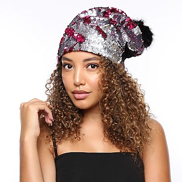 Trendy reversible sequin beanie hat with pom-pom