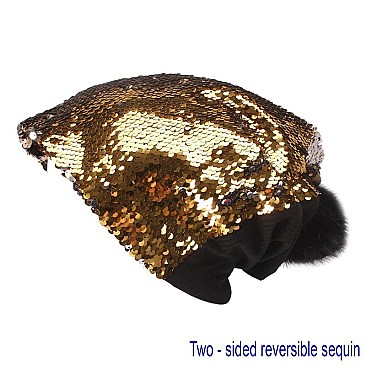 Trendy reversible sequin beanie hat with pom-pom