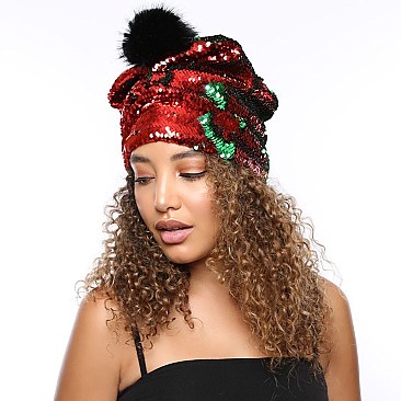 Trendy reversible sequin beanie hat with pom-pom