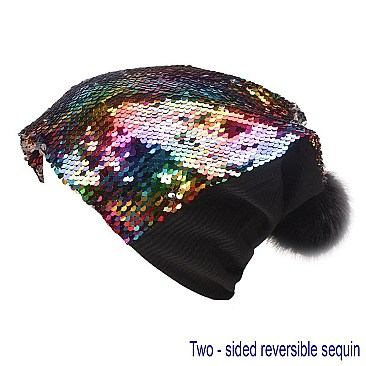 Trendy reversible sequin beanie hat with pom-pom