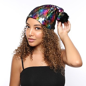 Trendy reversible sequin beanie hat with pom-pom