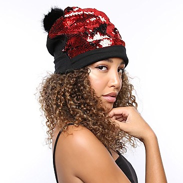 Trendy reversible sequin beanie hat with pom-pom