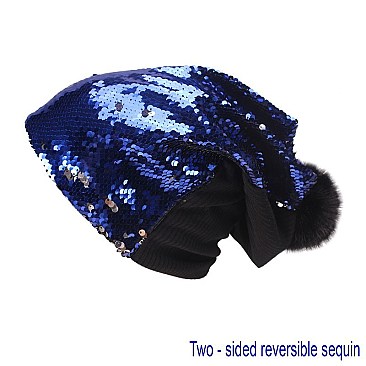 Trendy reversible sequin beanie hat with pom-pom