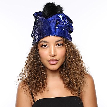 Trendy reversible sequin beanie hat with pom-pom