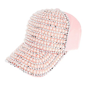 STYLISH PEARL AND RHINESTONE BASEBALL CAP