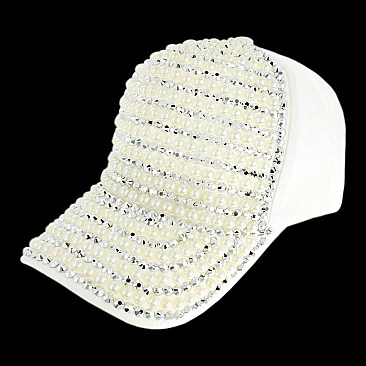 STYLISH PEARL AND RHINESTONE BASEBALL CAP