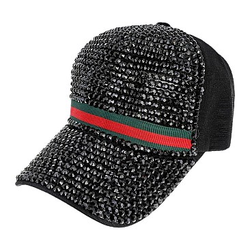 STYLISH RHINESTONE FRONT & BRIM WITH GREEN RED STRIPE BASEBALL CAP