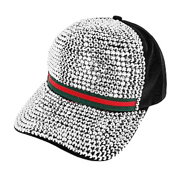 STYLISH RHINESTONE FRONT & BRIM WITH GREEN RED STRIPE BASEBALL CAP