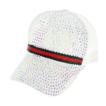 STYLISH RHINESTONE FRONT & BRIM WITH GREEN RED STRIPE BASEBALL CAP