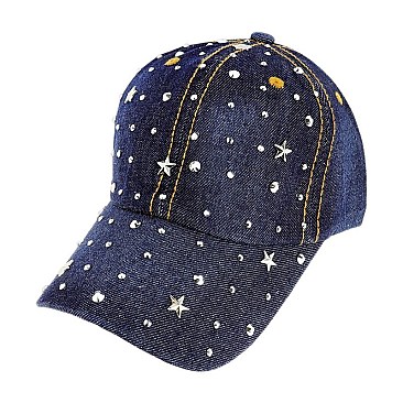 TRENDY GEMSTONE DISTRESSED DARK DENIM FASHION BASEBALL CAP