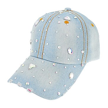 CHIC GEMSTONE DISTRESSED LIGHT DENIM FASHION BASEBALL CAP