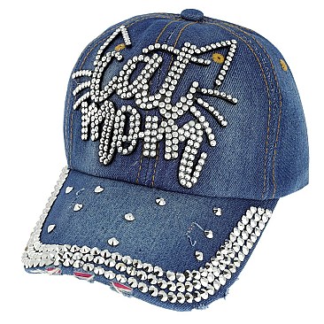 TRENDY CAT MOM WITH RHINESTONE DISTRESSED DENIM BASEBALL CAP