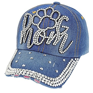 FASHIONABLE DOG MOM WITH DOG PAW RHINESTONE DISTRESSED DENIM BASEBALL CAP