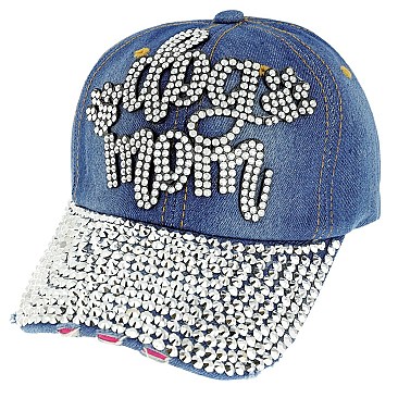 CHIC DOG MOM WITH DOG PAW RHINESTONE DISTRESSED DENIM BASEBALL CAP