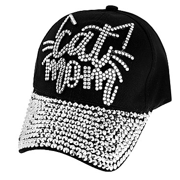 STYLISH CAT MOM WITH CAT EAR RHINESTONE DISTRESSED DENIM BASEBALL CAP