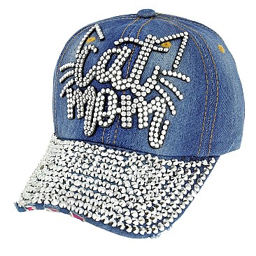 STYLISH CAT MOM WITH CAT EAR RHINESTONE DISTRESSED DENIM BASEBALL CAP