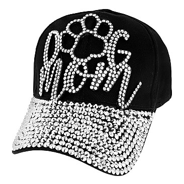 GLAM DOG MOM WITH DOG PAW RHINESTONE DISTRESSED DENIM BASEBALL CAP