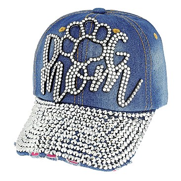 GLAM DOG MOM WITH DOG PAW RHINESTONE DISTRESSED DENIM BASEBALL CAP
