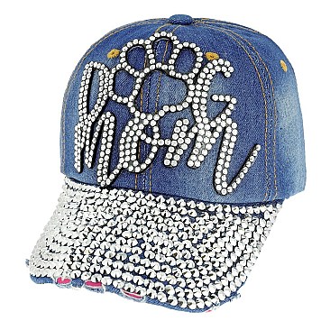 GLAM DOG MOM WITH DOG PAW RHINESTONE DISTRESSED DENIM BASEBALL CAP