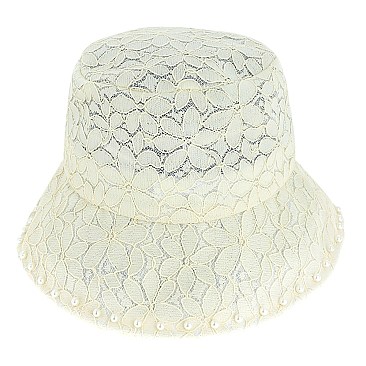 STYLISH FLORAL LACE BUCKET HAT WITH PEARL