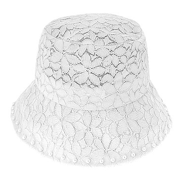 STYLISH FLORAL LACE BUCKET HAT WITH PEARL