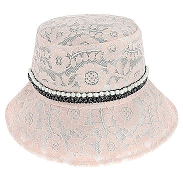 CHARMING LACE BUCKET HAT WITH PEARL STRIP