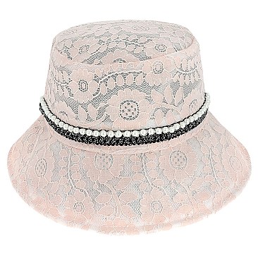 CHARMING LACE BUCKET HAT WITH PEARL STRIP
