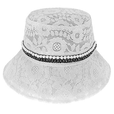 CHARMING LACE BUCKET HAT WITH PEARL STRIP