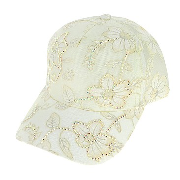 TRENDY RHINESTONE EMBELLISHED FLORAL LACE BASEBALL CAP