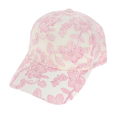 TRENDY RHINESTONE EMBELLISHED FLORAL LACE BASEBALL CAP