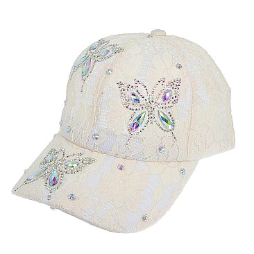 BUTTERFLY PATTERN CRYSTAL STUDDED BASEBALL CAP