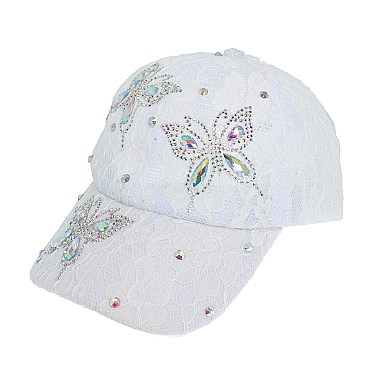 BUTTERFLY PATTERN CRYSTAL STUDDED BASEBALL CAP