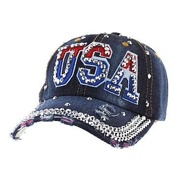 Crystal USA Embellished Fashion Denim Cap