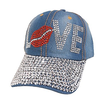 "Love" with Lip Stoned on Distressed Denim Cap