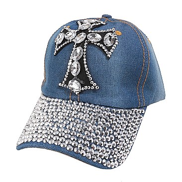 Studded Cross On Distressed Denim Cap