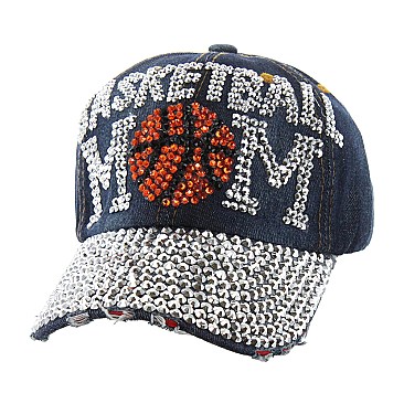 BASKETBALL MOM Distress Denim Gem Baseball Cap