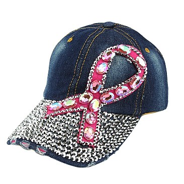 Pink Ribbon Rhinestone Fashion Cap