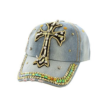 Rhinestone Cross Denim Cap MEZ741