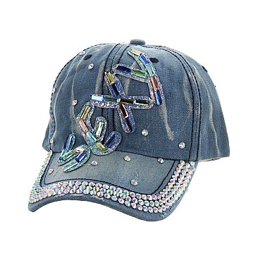 "SEXY" washed denim rhinestone cap MEZ848