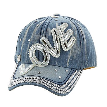 "Love" Studded washed denim rhinestone cap MEZ849