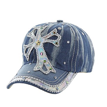 Rhinestone Cross Washed Denim Cap MEZ850