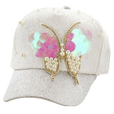 Butterfly Charm Shiny w/ Pearls Fashion Cap MEZ853