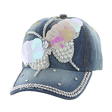 BUTTERFLY WITH PEARLS DENIM CAP