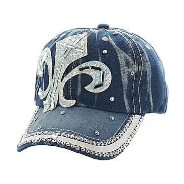 Fleur de Lis Rhinestone Washed Denim Cap MEZ892