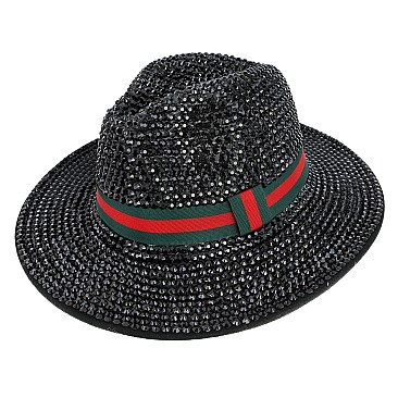 Rhinestone Fedora Hat With Stripe - Trendy Stripe
