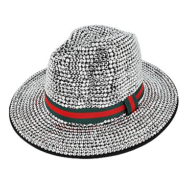 Rhinestone Fedora Hat With Stripe - Trendy Stripe