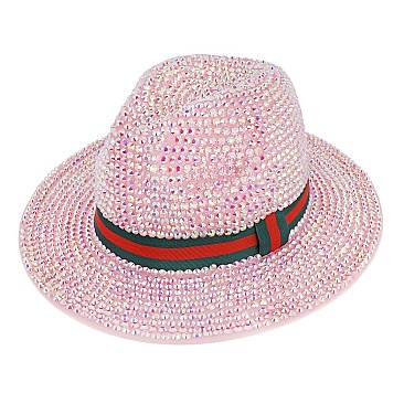 Rhinestone Fedora Hat With Stripe - Trendy Stripe