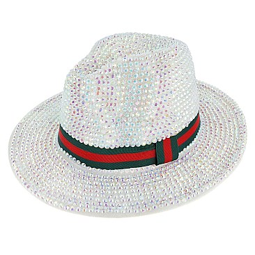 Rhinestone Fedora Hat With Stripe - Trendy Stripe